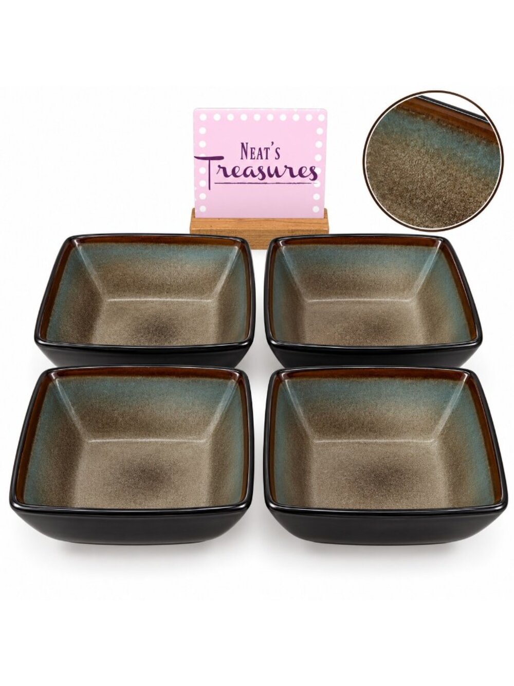 Gibson Elite TEQUESTA Taupe Blue Edge Square Stoneware Soup Cereal Bowls Set 4